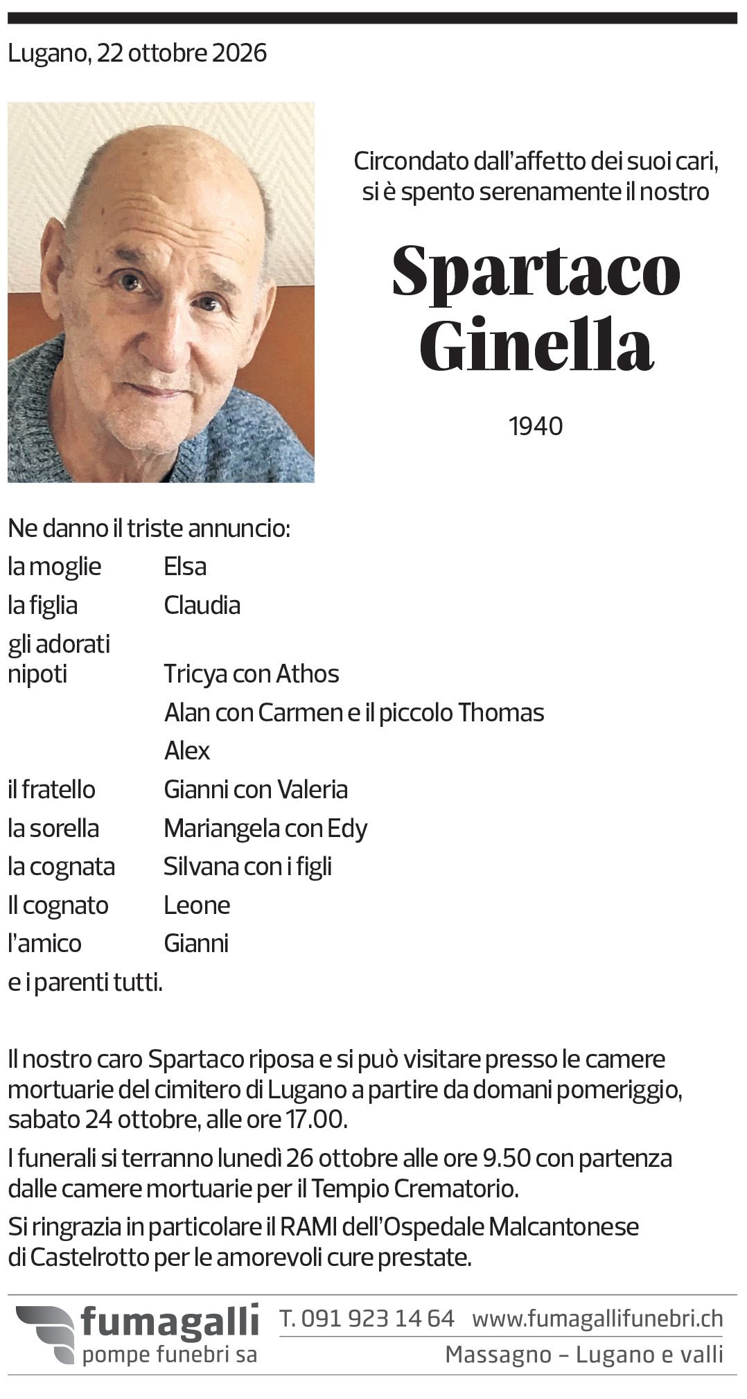 Annuncio funebre Spartaco Ginella