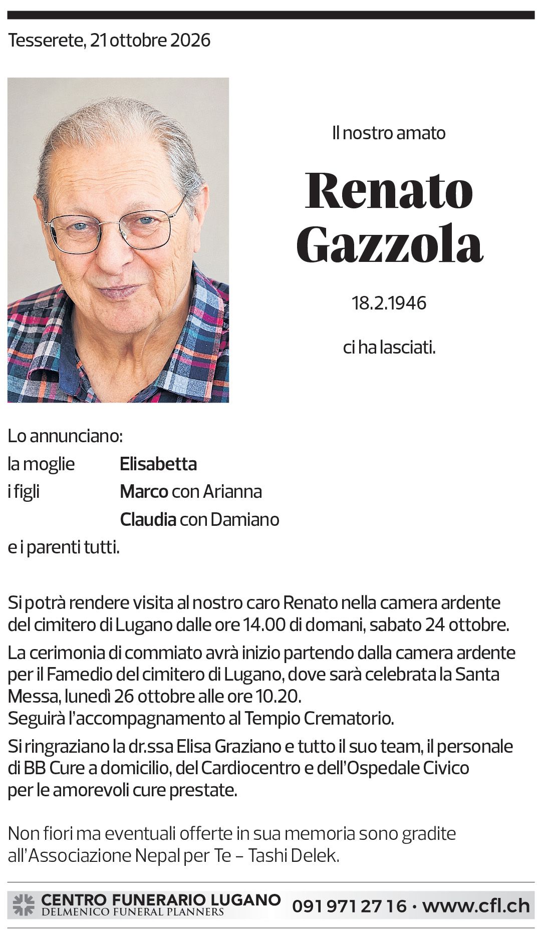 Annuncio funebre Renato Gazzola