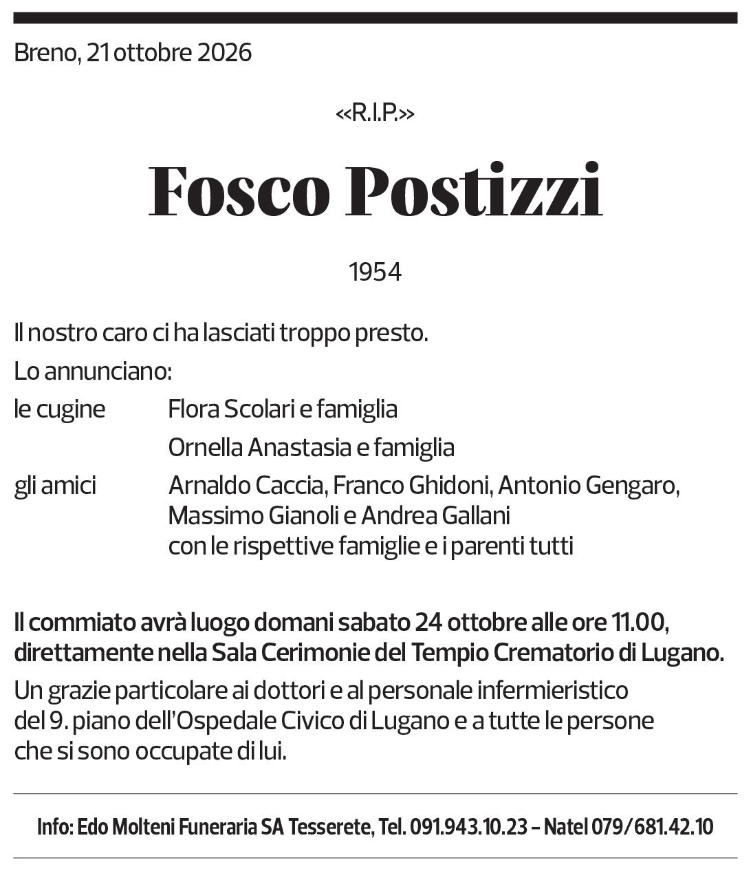 Annuncio funebre Fosco Postizzi