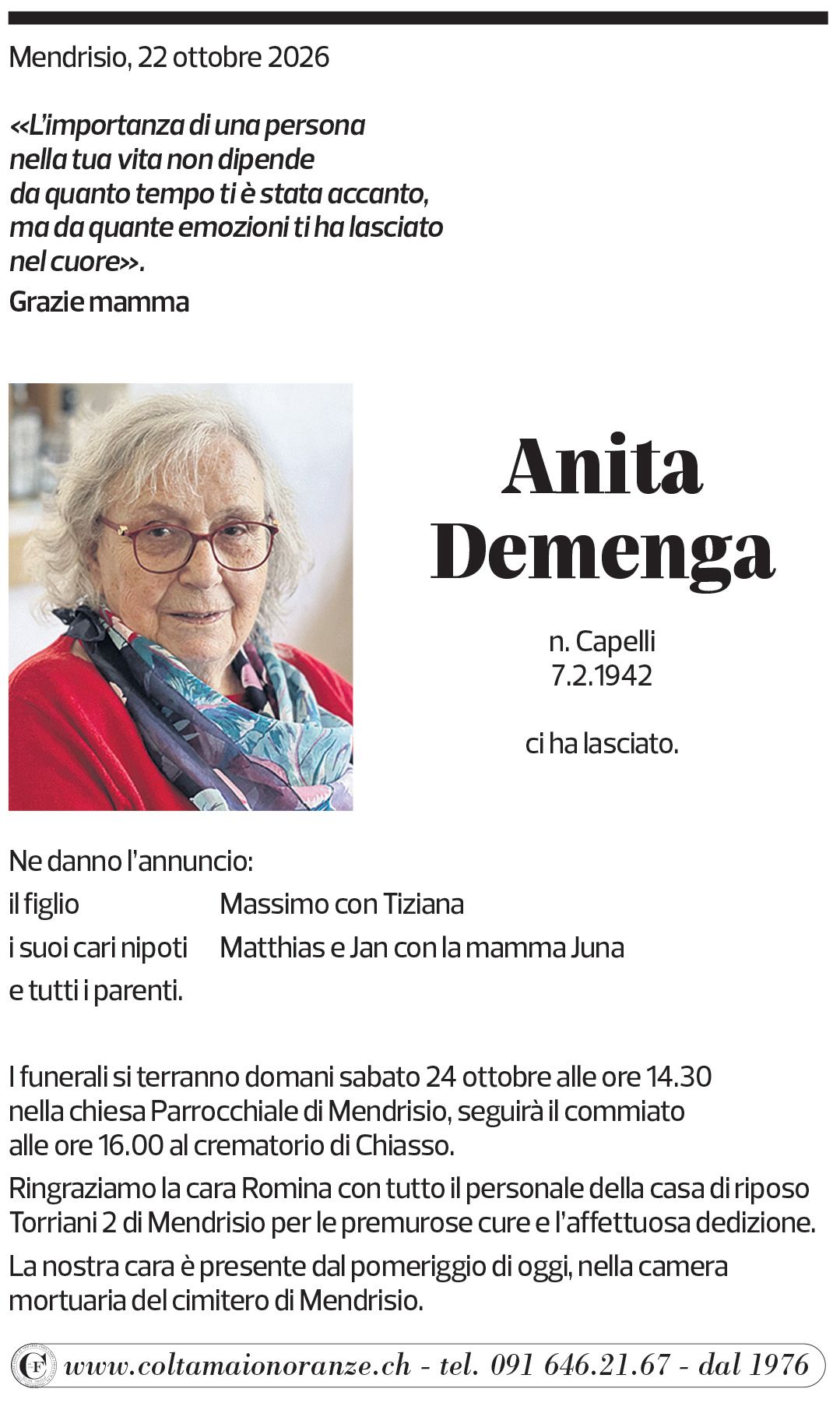 Annuncio funebre Anita Demenga