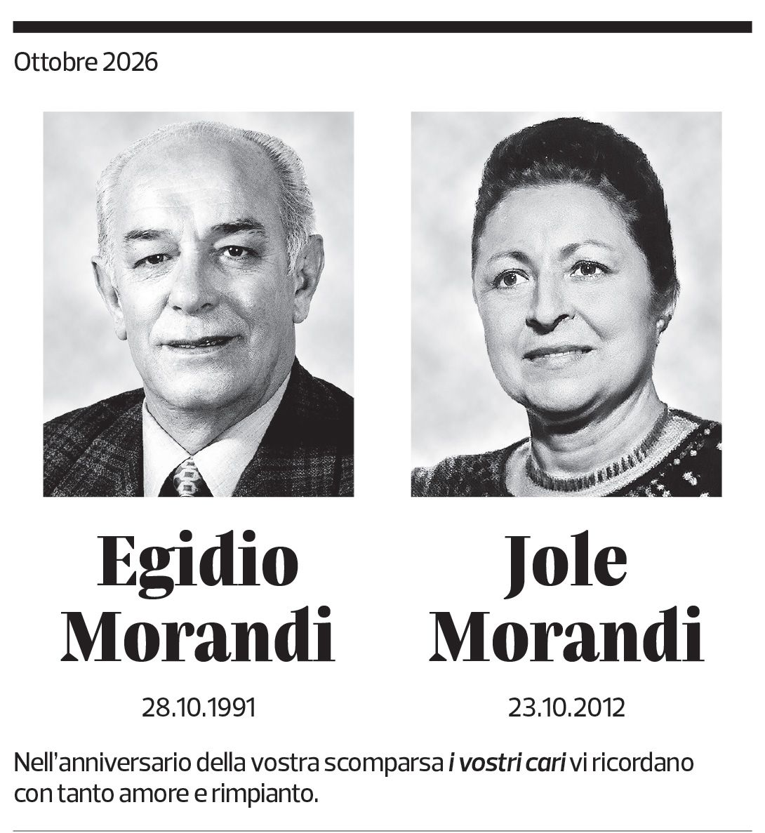 Annuncio funebre Egidio E Jole Morandi