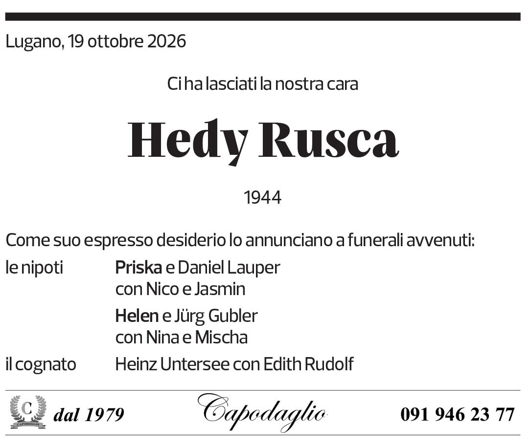 Annuncio funebre Hedy Rusca